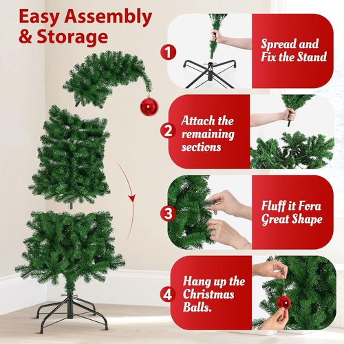 Hatisan 6FT Artificial Christmas Tree - Bent Green Design with Ball Ornaments & Metal Base | Holiday Decor