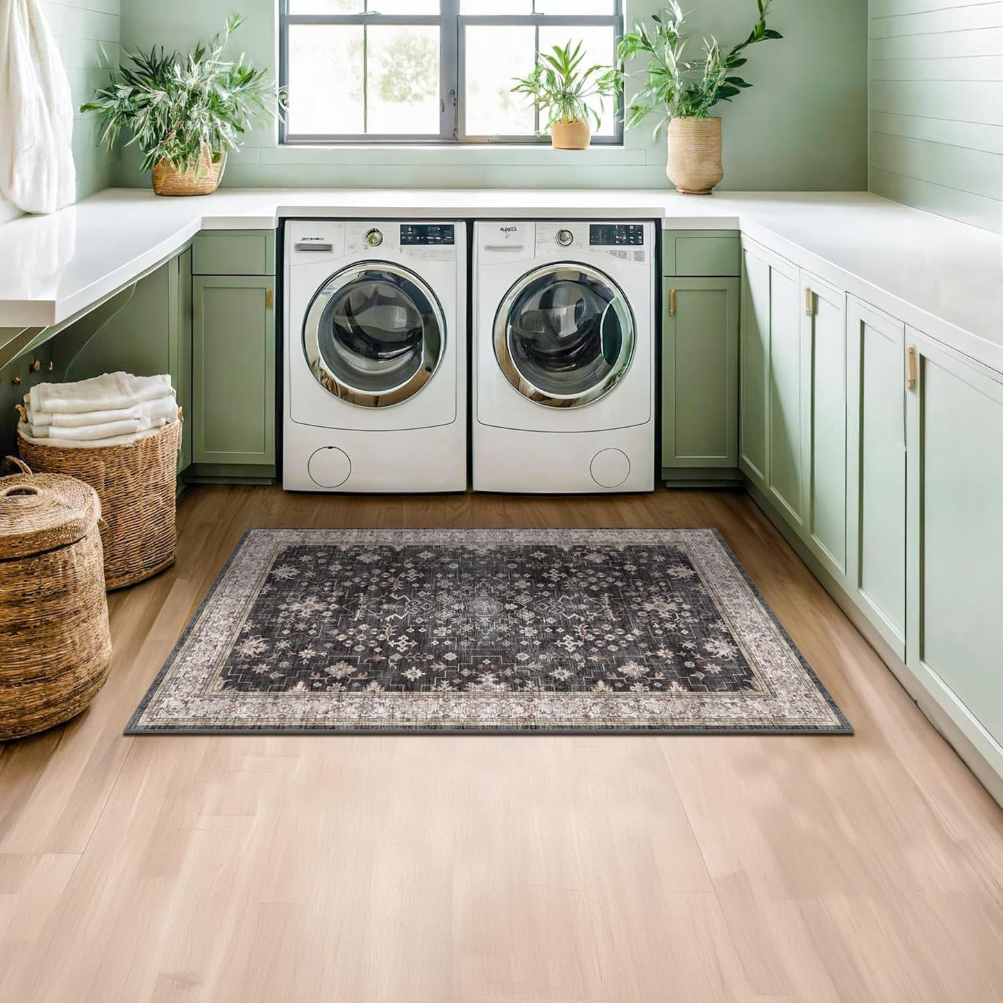 Skiennix Large 3x5 Entryway Rug - Washable Non-Slip Ultra Soft Area Rug for Kitchen & Bedroom | Distressed Boho Geometric Design, Ashen/Multi