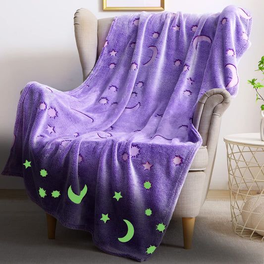 AUIVTY Glow in The Dark Blanket for Girls Birthday Purple Pink Moon Star Soft Throw Blanket for Kids Toddler Teen Girls Women (Purple, 60x80 inch, Moon Star)