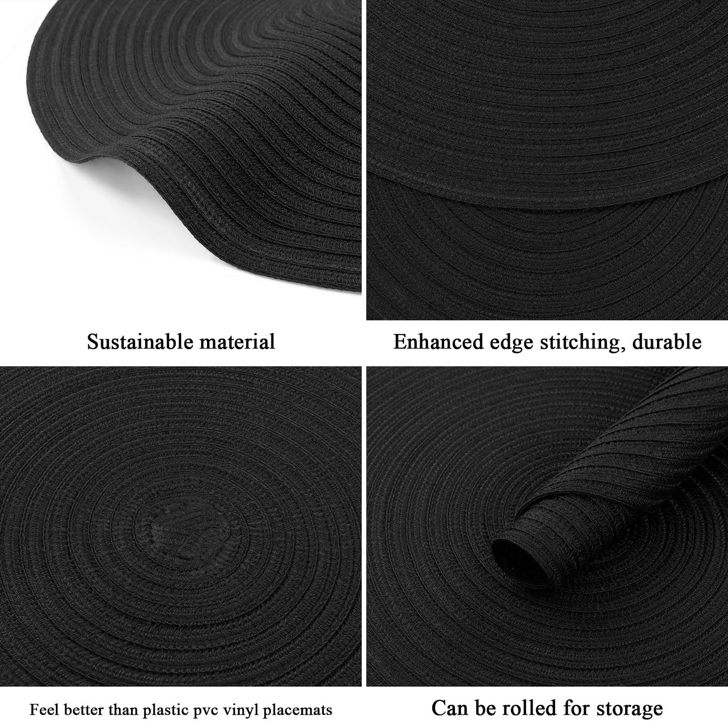 SHACOS Round Braided Placemats Set of 8 Washable Cotton Polyester Woven Round Table Mats for Dining Tables 15 inch (Black, 8)