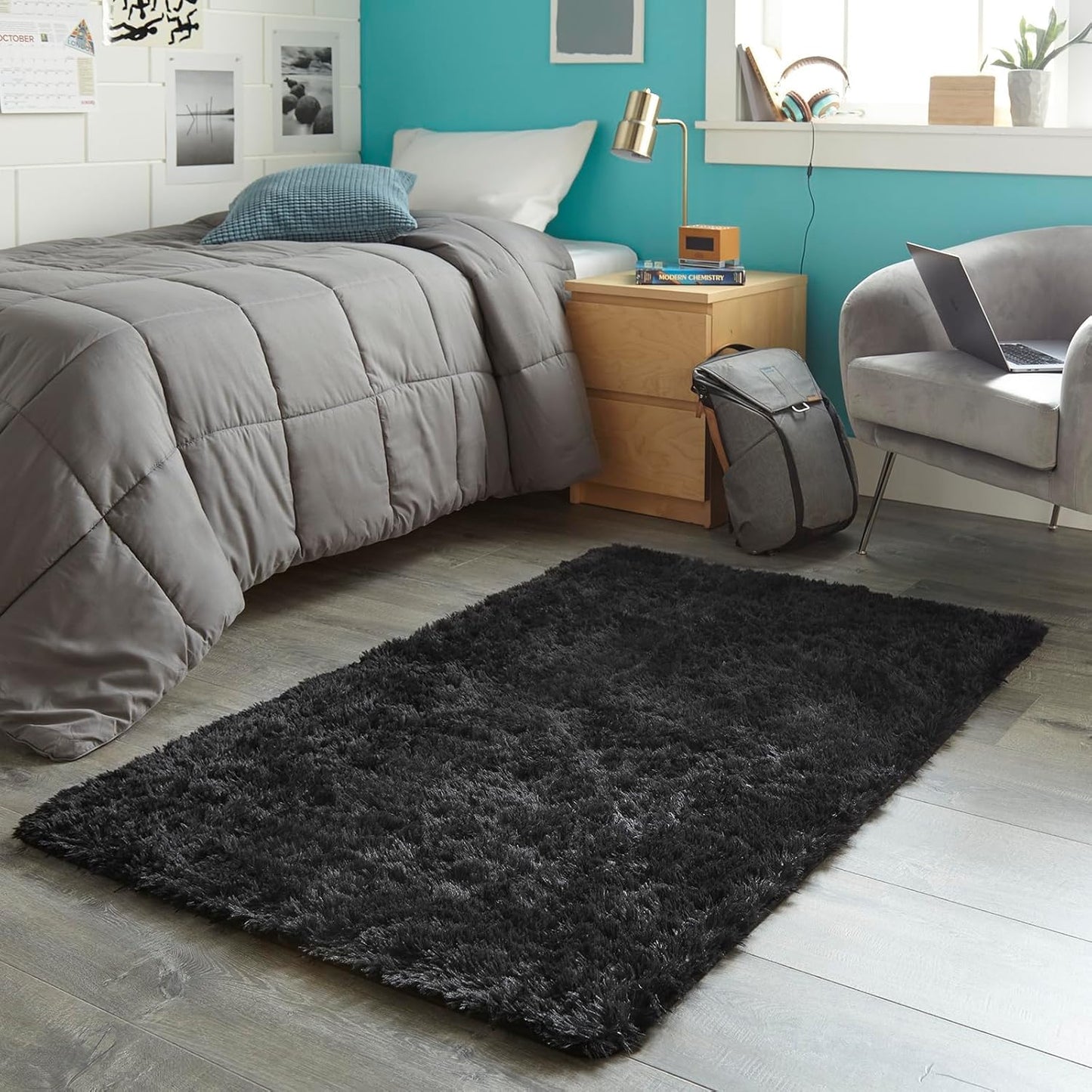 Ophanie 3x5 Black Area Rug - Soft Shaggy Non-Slip Carpet for Dorm & Bedroom Decor