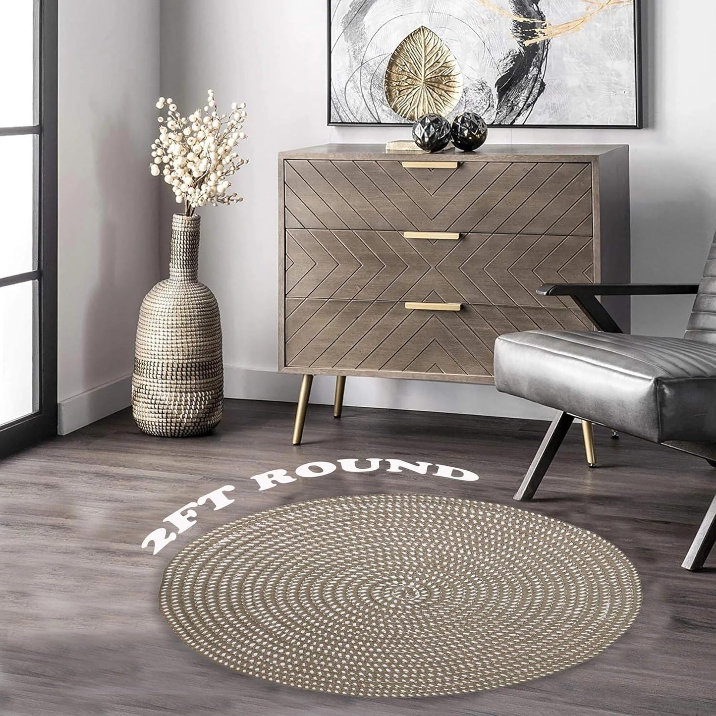 Skiennix Hand Woven Round Area Rug - Cozy Cushion for Living Room & Bedroom | 2' Dark Camel