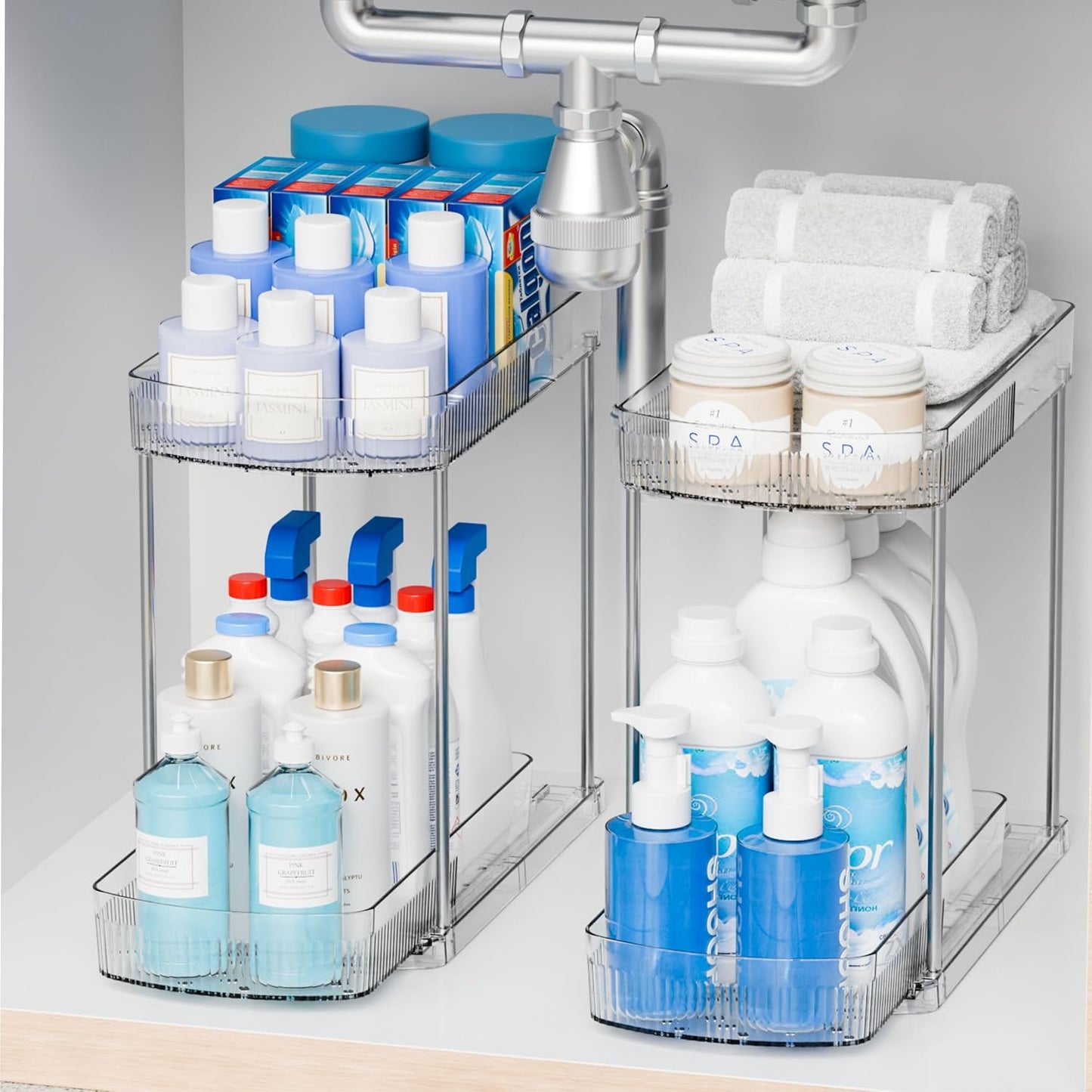 Skiennix Large Pull-Out Bathroom Organizers - 2 Tier 12.8" Tall Acrylic Under Sink Storage