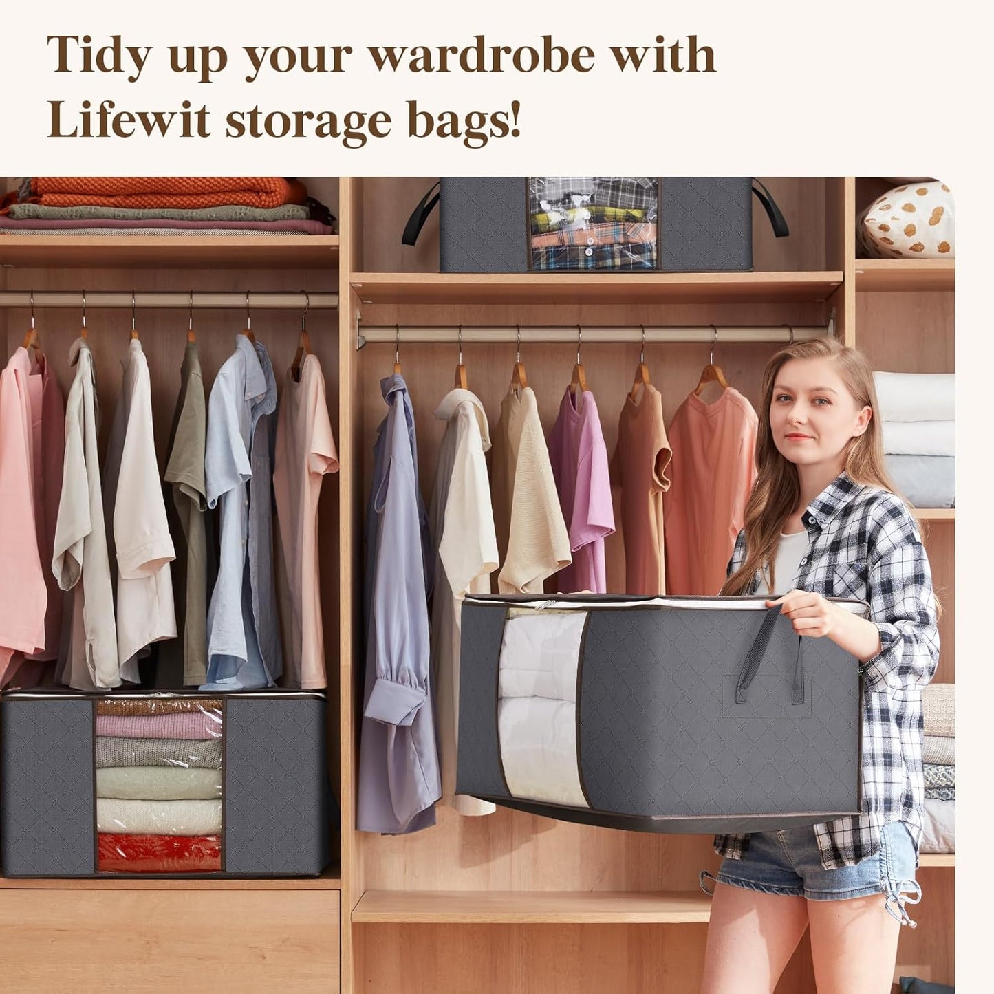 Lifewit 60L Clothes Storage Bins - 12 Pack Foldable Bags with Zippers & Clear Windows | Ideal for Organizing Clothing & Bedding
