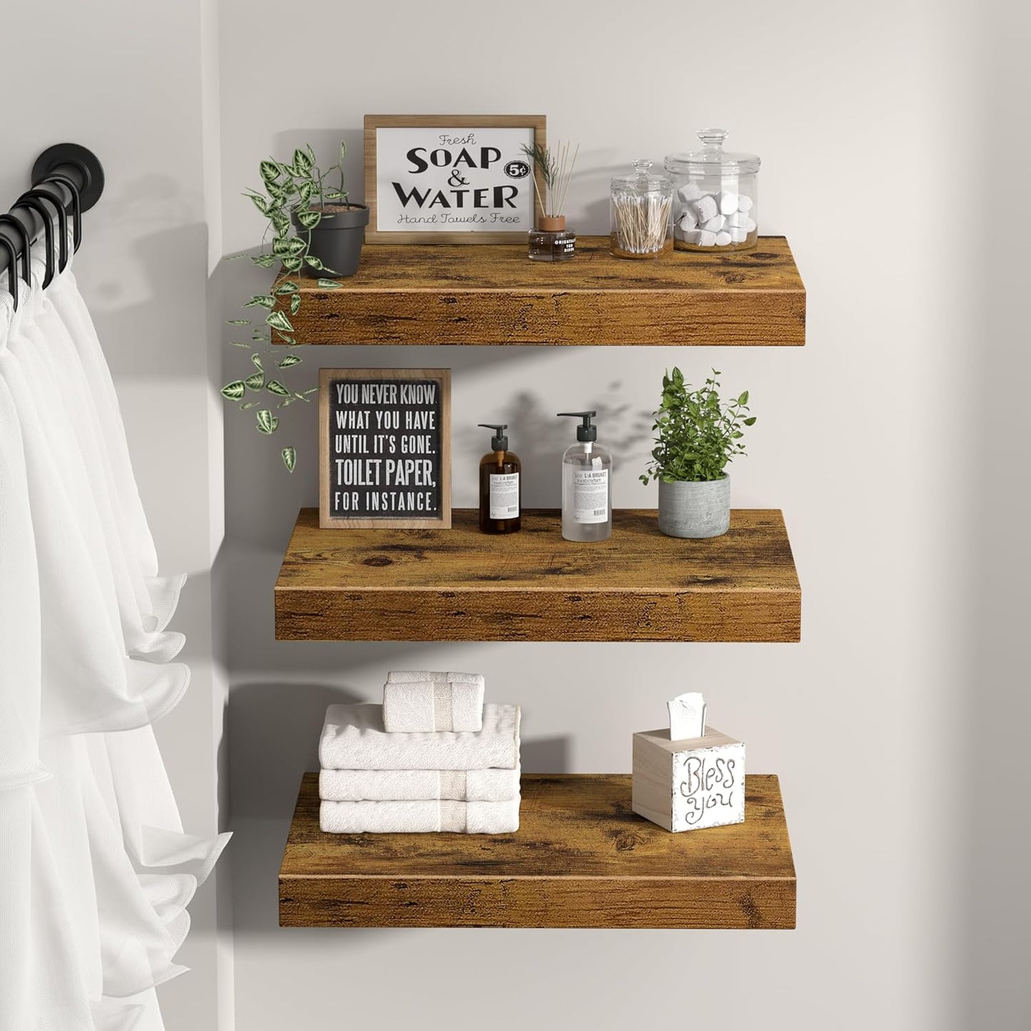 QEEIG 10" Deep Floating Shelves - Rustic Brown Set of 3 for Bathroom, Bedroom & Living Room