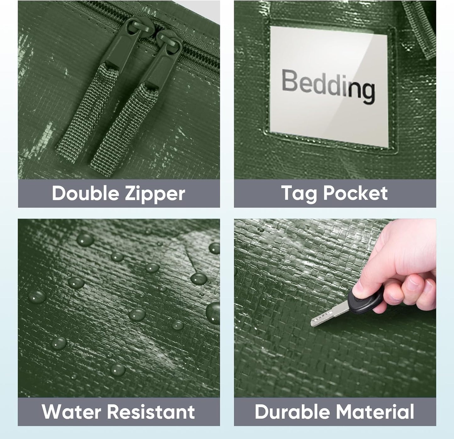 TICONN Extra Large Heavy Duty Moving Bags - Durable Storage with Zippers & Handles | 8 Pack, Olive
