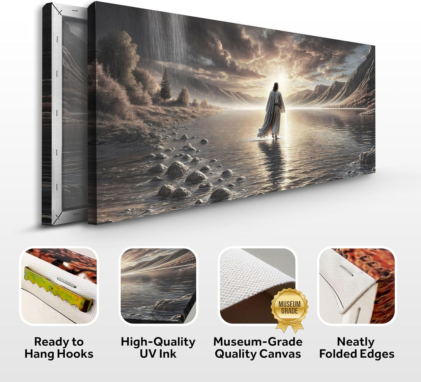 TAILORED CANVASES Jesus Walking on Water Wall Art - Framed Christian Canvas Decor for Home or Church | 60x30