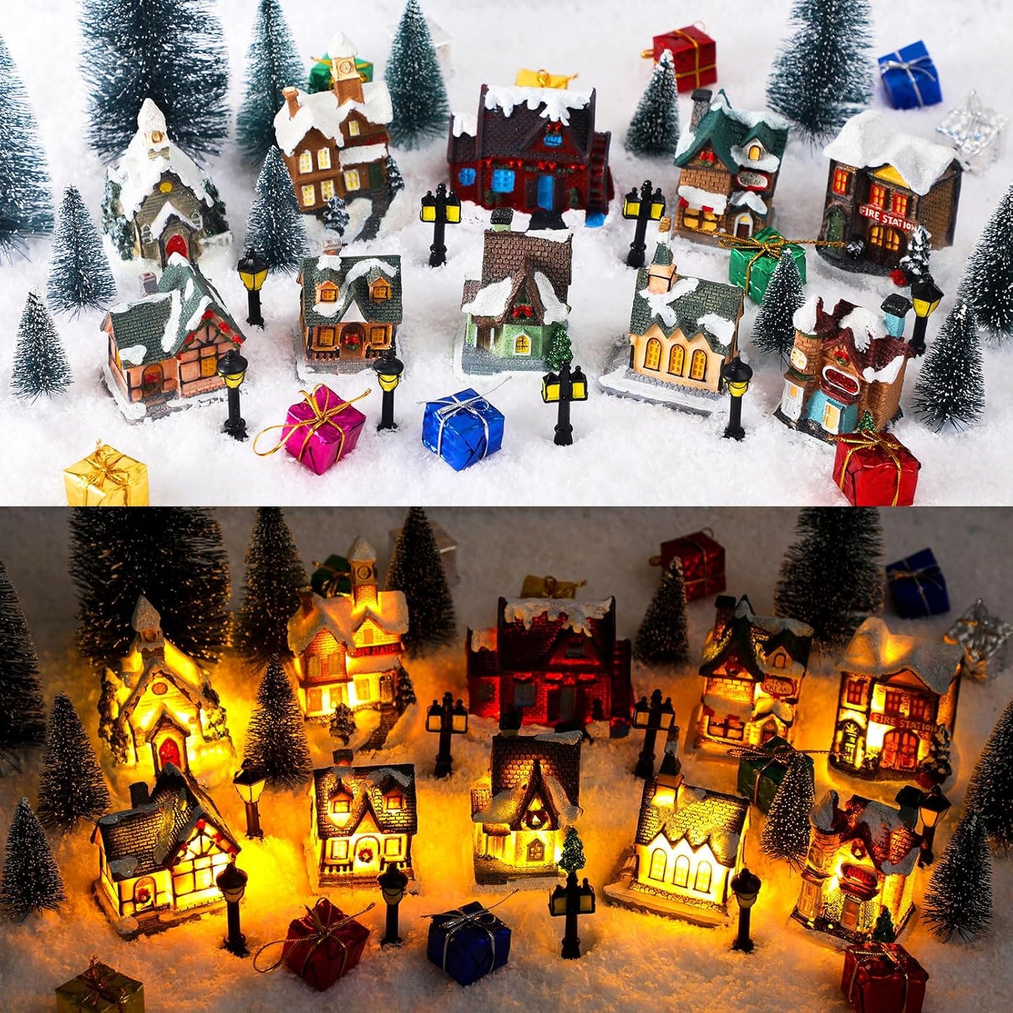 Shappy Christmas Village Houses Set - 48 Pcs with 10 Light-Up Buildings, Mini Trees & LED Lights