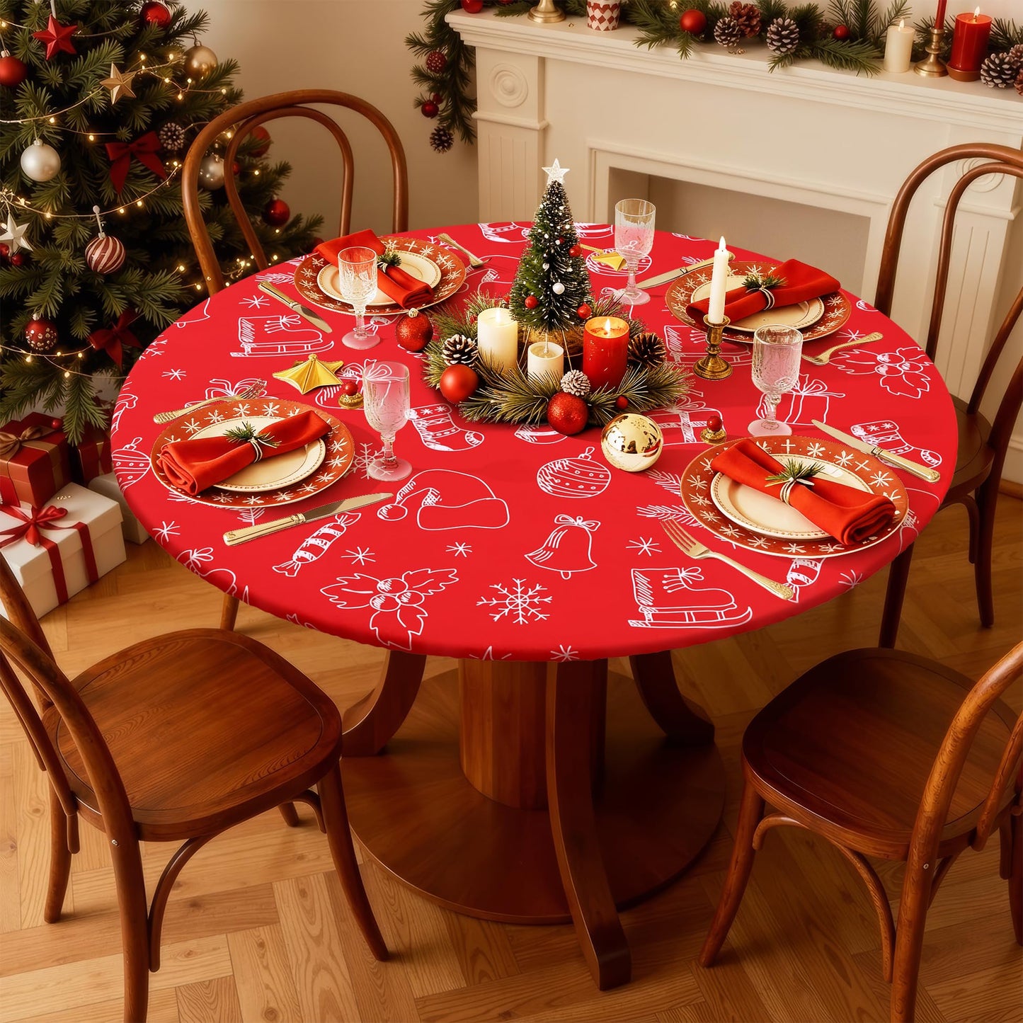 Smiry Round Spandex Tablecloth, Elastic Fitted Washable Tablecloths for 36"-44" Tables, Waterpoof Stretch Picnic Table Cover for Dining, Indoor and Outdoor, Holly Berry & Gift