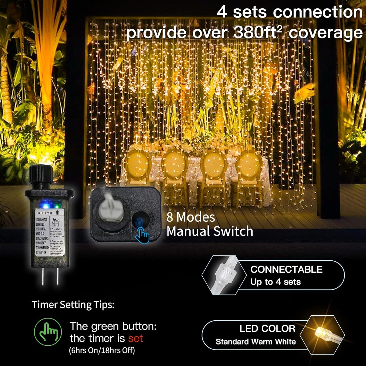 Suddus Curtain Lights - 300 LED Warm White String Lights | 9.8x9.8ft for Bedroom & Party Decor