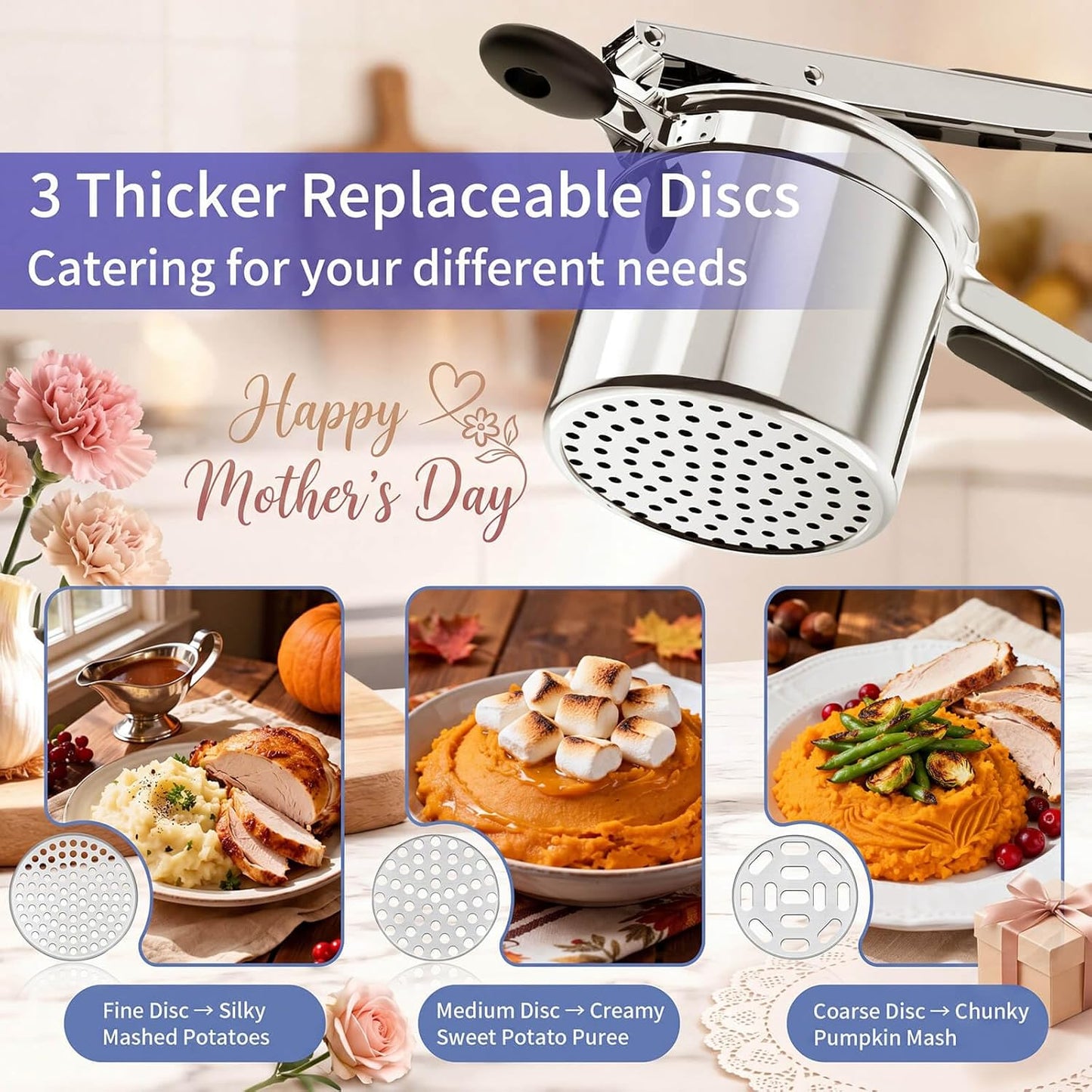 Skiennix Potato Ricer - Heavy Duty Stainless Steel Masher with 3 Interchangeable Discs for Fluffy Mashed Potatoes | Ideal for Gnocchi & Spaetzle
