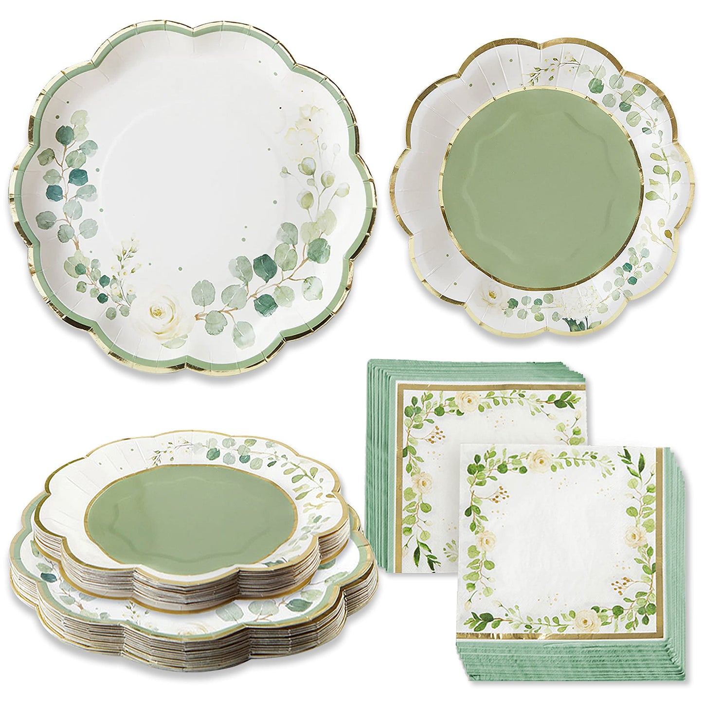 Kate Aspen Sage Green Party Decorations, Eucalyptus Floral Botanical Garden 62 Piece Plates and Napkins Party Supplies (16 Guests) Greenery Baby Shower Decorations & Bridal Shower Decor