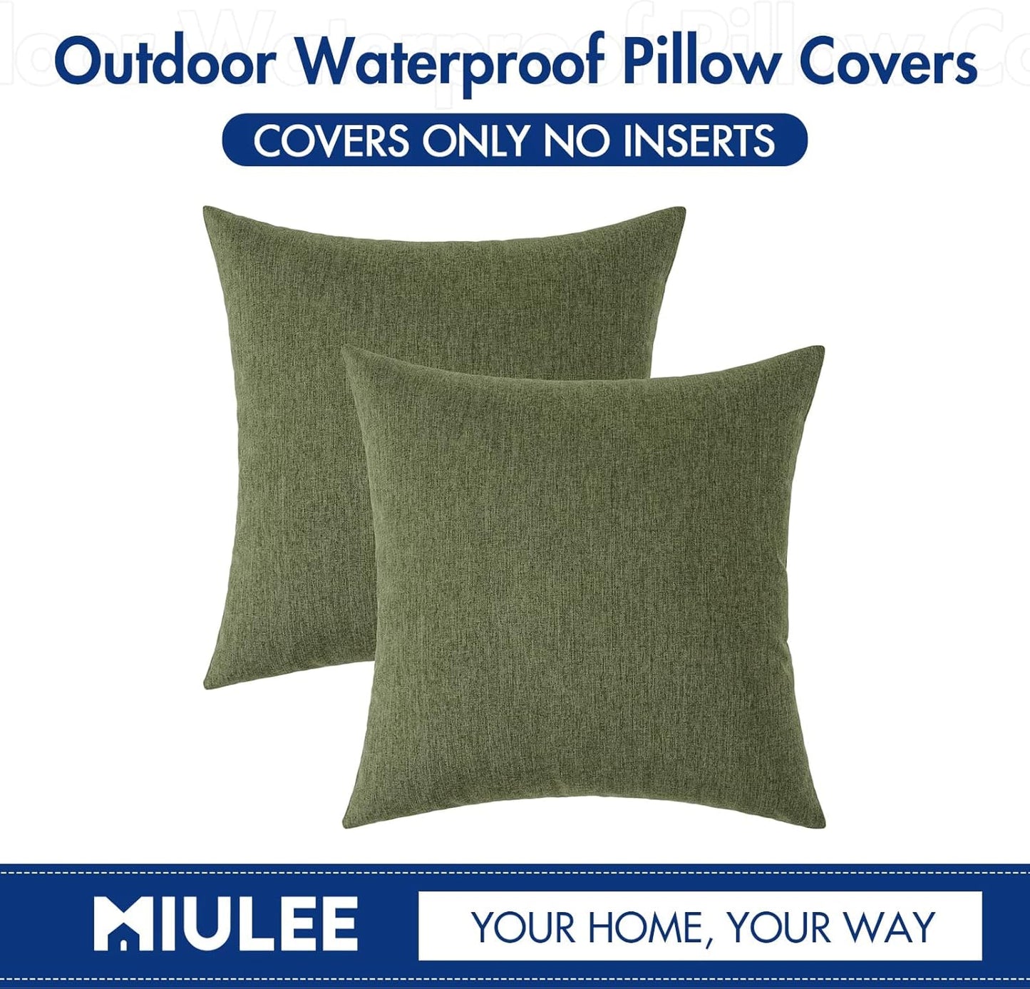 MIULEE Decorative Outdoor Throw Pillow Covers - Waterproof Faux Linen Cushion Cases | 26x26 Inch Dark Green (Pack of 2)