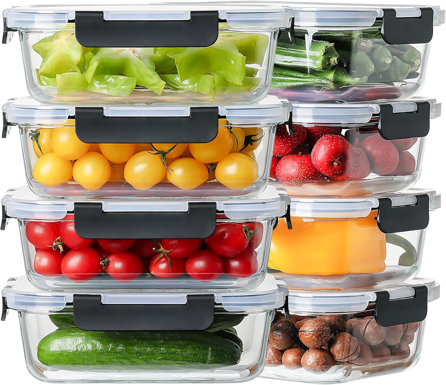 Skiennix 36oz Glass Meal Prep Containers - 8 Pack with Leak-Proof Snap Lock Lids | Airtight Food Storage