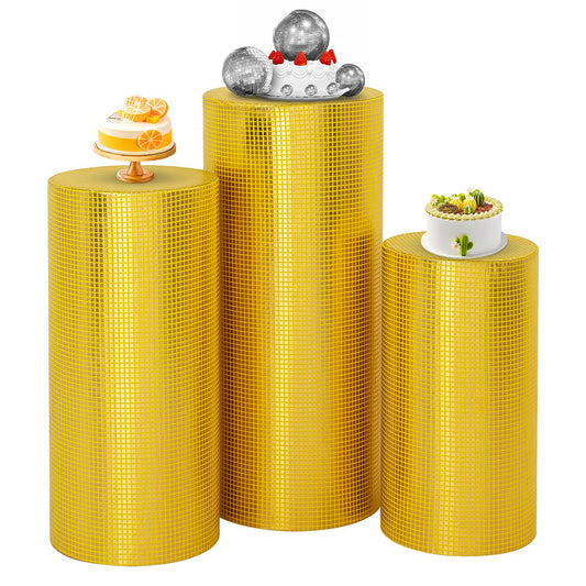 SaitiMade Set of 3 Gold Cylinder Pedestal Stand Covers, 3pcs Spandex Disco Cylinder Stand Covers for Party, Wedding or Birthday Event Decor (Only Contains Cylinder Covers)