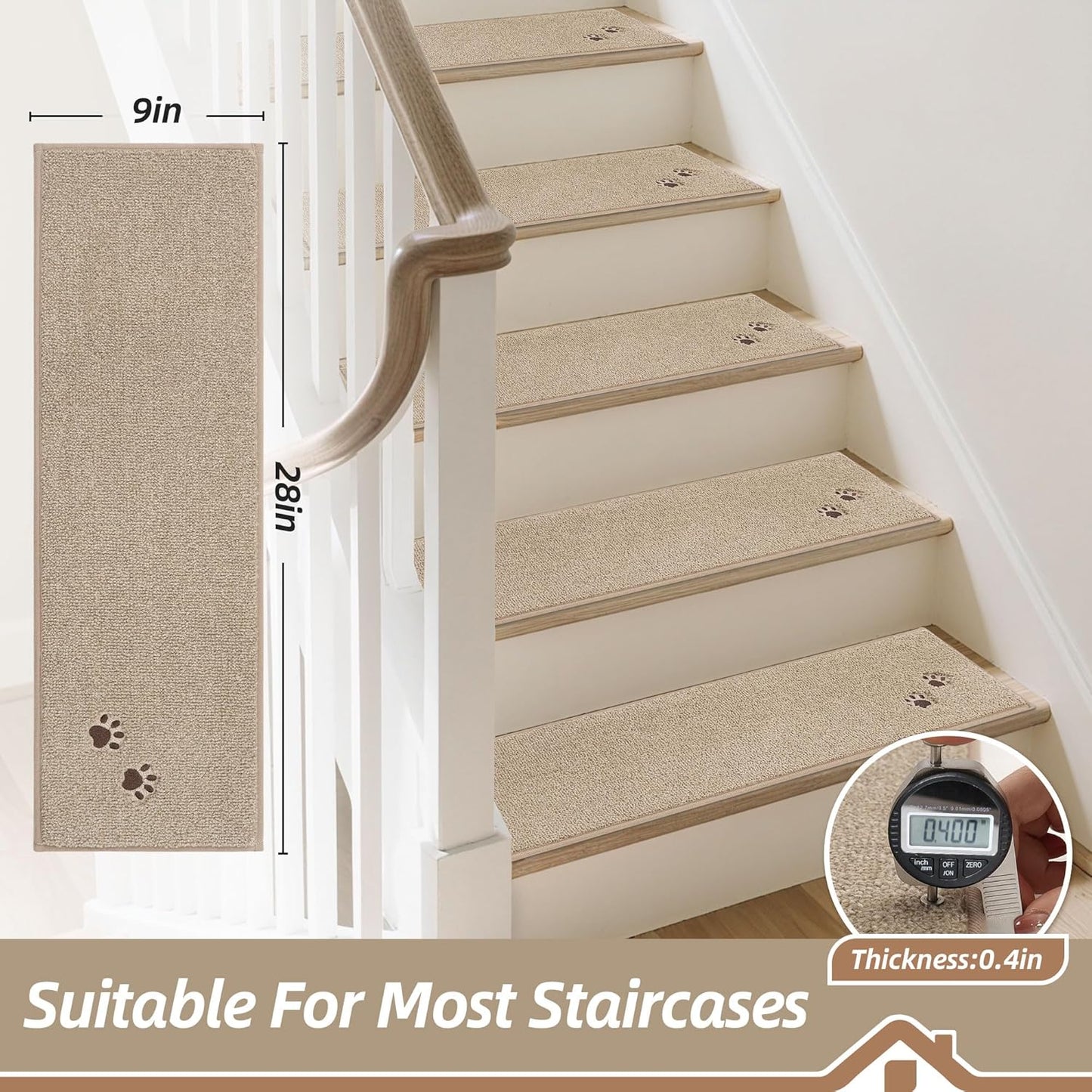 BEQHAUSE Non-Slip Carpet Stair Treads | Soft Indoor Stair Runners, 28"x9", 15pcs, Beige - Machine Washable