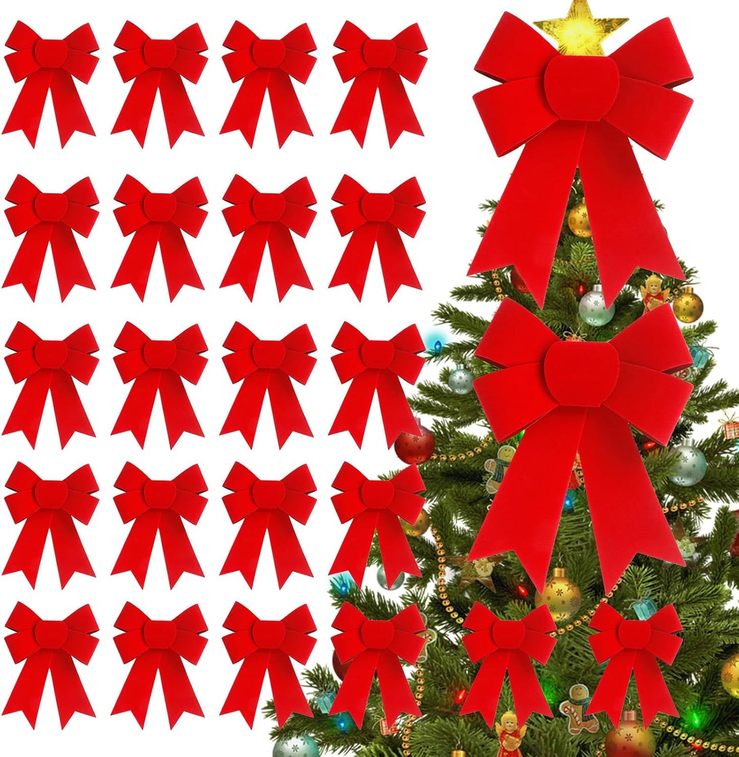 Regine Switzerland 24 PCS Red Velvet Bows - Festive 5x8 Inch Hanging Decorations for Christmas Trees & Wreaths