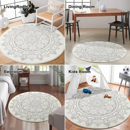 Carvapet 2' Round Area Rug - Chic Boho Mandala Print | Non-Slip, Machine Washable Floor Mat in Ivory Grey