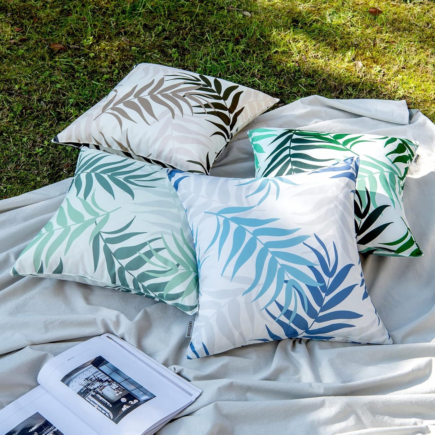MIULEE Decorative Outdoor Throw Pillow Covers - Waterproof Natural Leaves Pattern | 18x18 Inch, Blue (Pack of 2)
