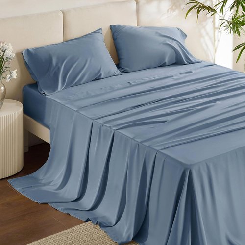 Bedsure Cooling Sheets - California King Sheet Set, Breathable Rayon from Bamboo, Deep Pocket Up to 16 Inches, Dusty Blue