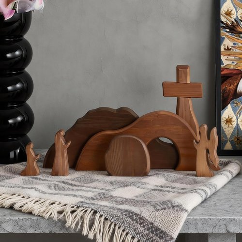 Gnodry The Empty Tomb Easter Scene Set - 7-Piece, Christian Cross Decorations, Decorations Religious Jesus Tomb Easter Kit Display for The Home, Tabletop, Office - Wooden (Warm-Brown)