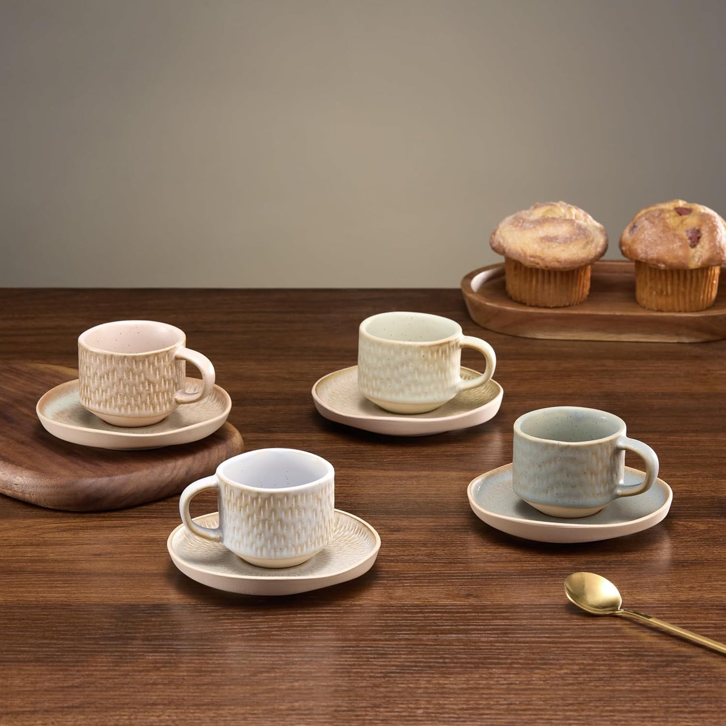 KooK Espresso Mug and Saucer Set - Rustic Ceramic Cups with Feathered Texture | Dishwasher & Microwave Safe, 2.7 oz, Set of 4