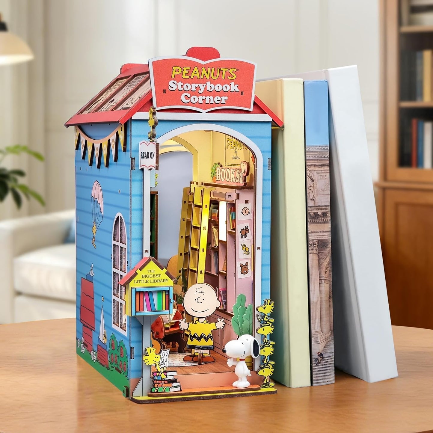 Peanuts Storybook Corner Book Nook Kit - 3D Wooden Puzzle with Touch-Sensitive LED Light-Up House | Includes Snoopy Figurine