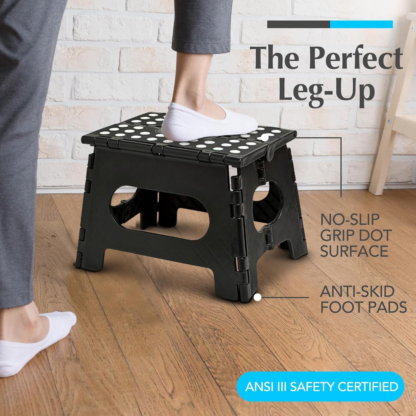 Skiennix Handy Laundry Folding Step Stool - Sturdy & Collapsible for Adults and Kids | Easy One-Flip Design - Black, 9 Inch