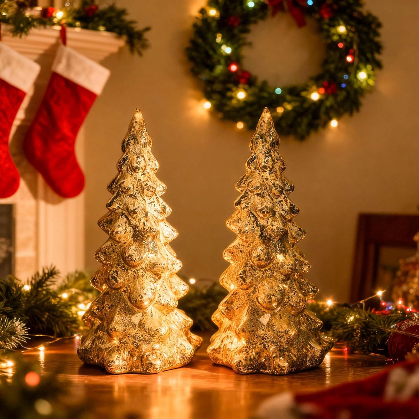 Regine Switzerland Mercury Glass Christmas Tree Set - Gold Collectible Figurines with LED | Indoor Table Centerpiece Decorations