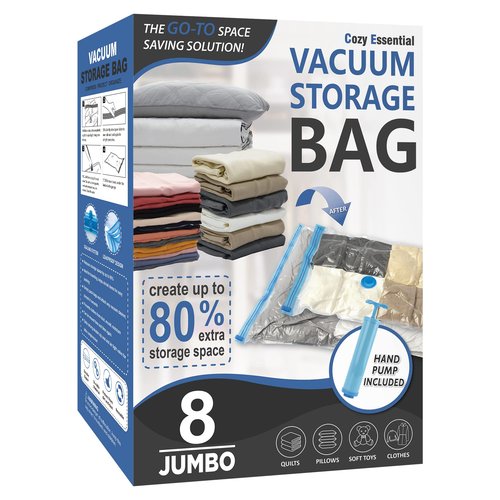 Cozy Essential Vacuum Storage Bags, Compression Space Saver Bags for Clothes, Comforters, Blankets, Pillow, Bedding, Sealer Clothing Storage,8 Jumbo
