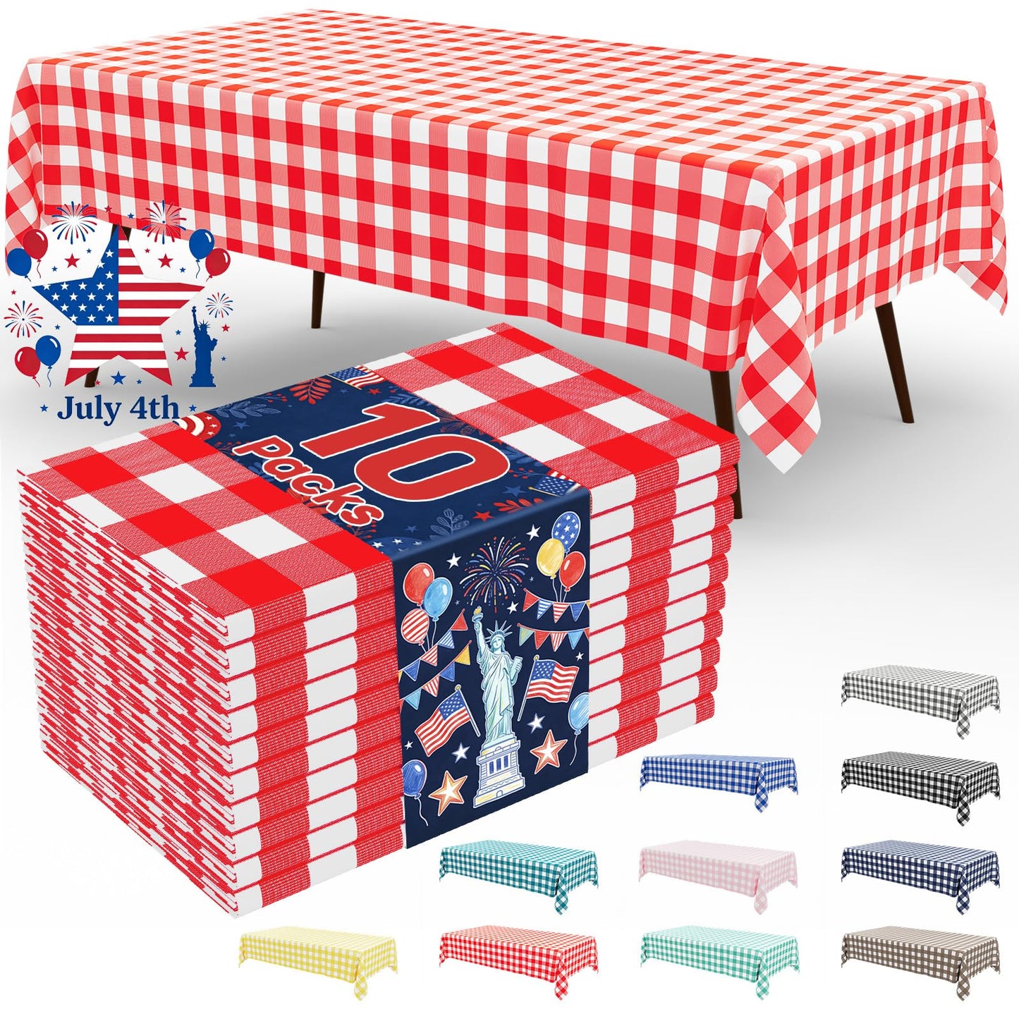 misaya 10 Packs Buffalo Disposable Table Cloth, 54 x 108 Inch Waterproof Plastic Tablecloth, Rectangle Red and White Checkered Table Covers for Picnic, Birthday, 4th of July Party