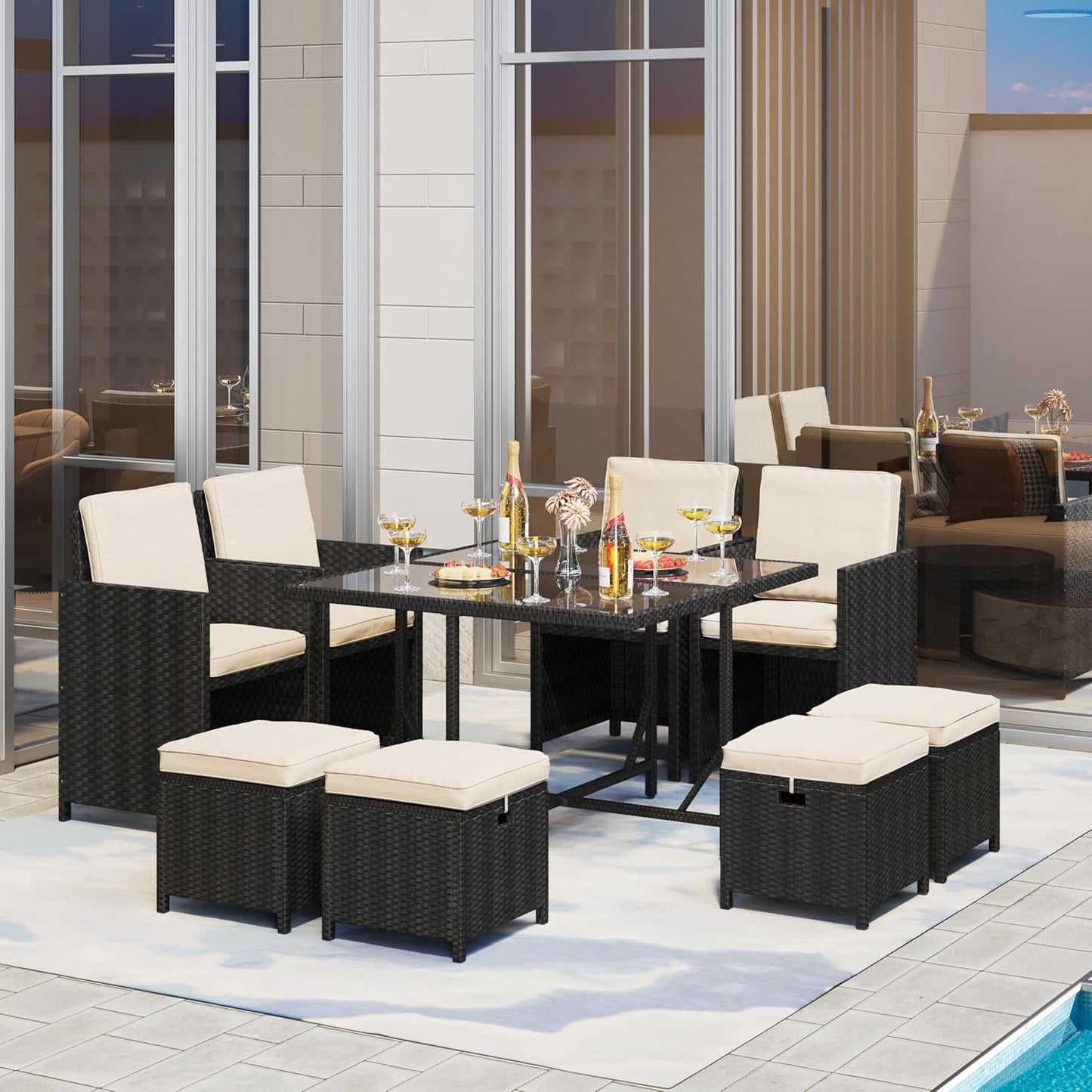 Yaheetech 9-Piece Patio Dining Set - Space-Saving Rattan Chairs & Glass Table | Black/Beige Cushions