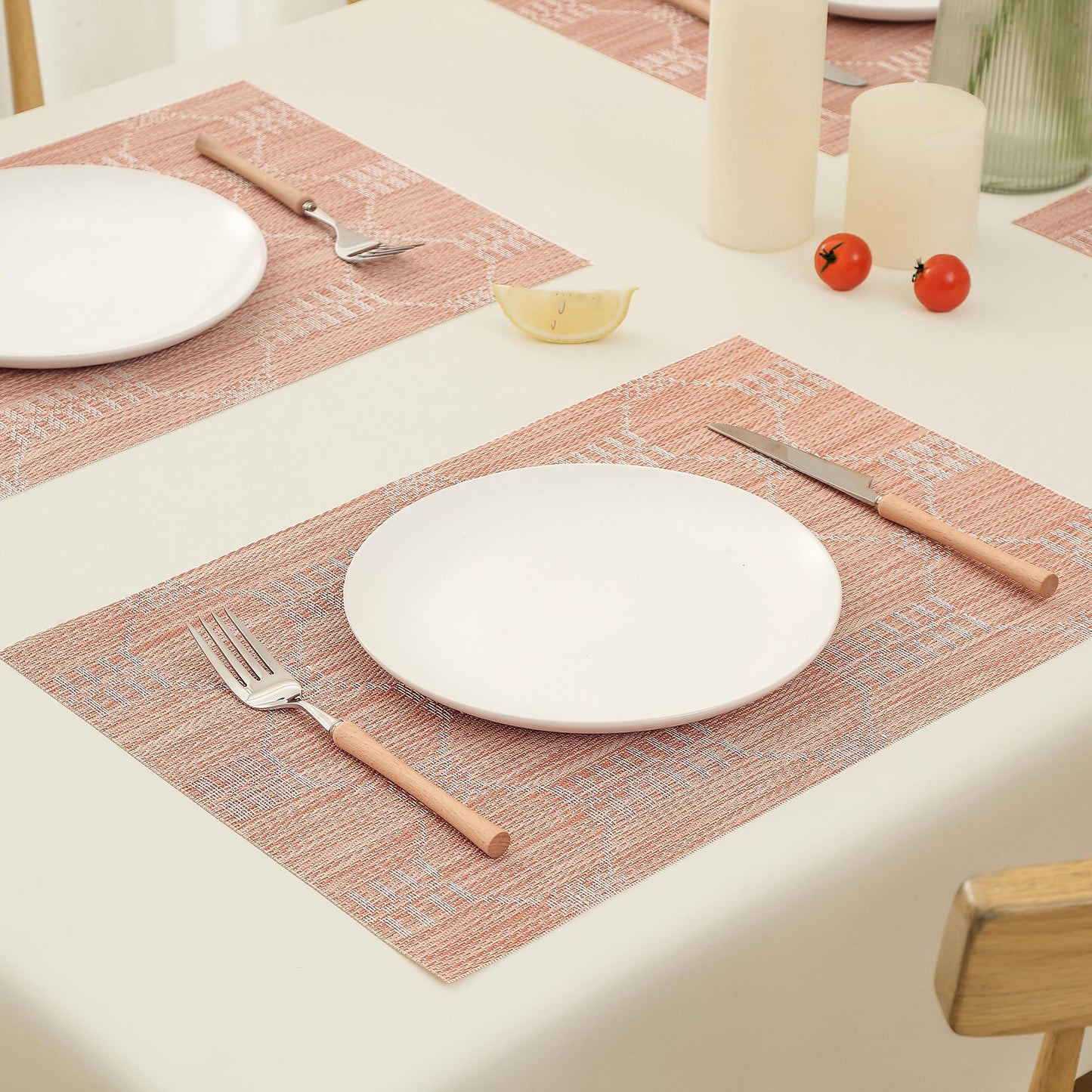Leetaltree Coral Placemats Set of 4 - Heat Resistant Non-Slip Place mats for Dining Table, Washable Durable PVC Vinyl Woven Table Mats（Coral, 4）