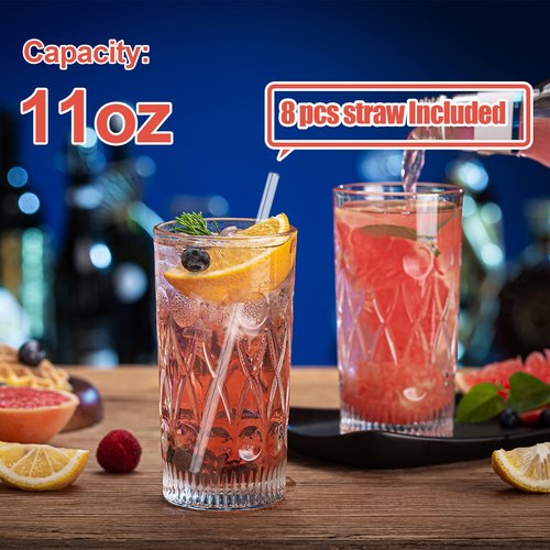 Claplante Crystal Highball Glasses, Set of 6 Glass Drinking Glasses, 11 oz Durable Drinkware Cups for Cocktails, Water, Juice, Beer, Wine-Special Edition Glassware Set, Dishware, Dishwasher Safe