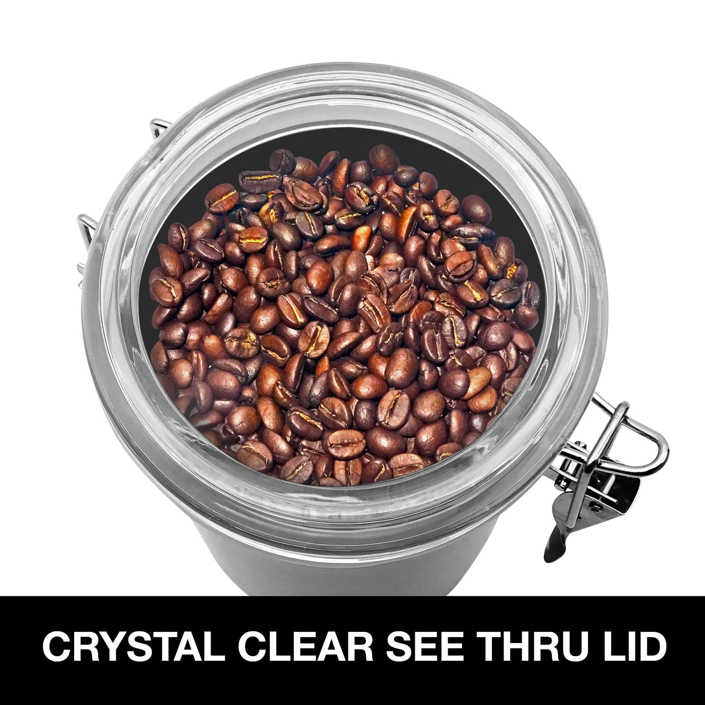 Oggi Stainless Steel Coffee Canister 62 fl oz - Airtight Clamp Lid, Clear See-Thru Top - Ideal for Coffee Bean Storage, Ground Coffee Storage, Kitchen Storage, Pantry Storage. Large Size 5" x 7.5".