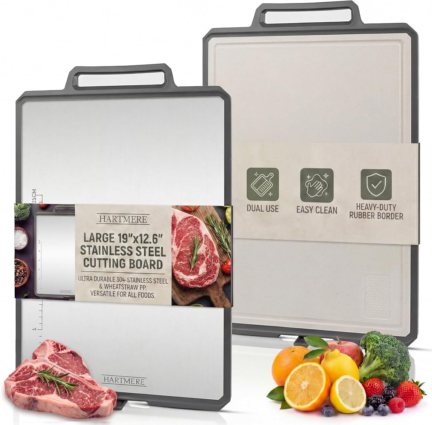 Skiennix Extra-Large Stainless Steel Cutting Board - 19"x12.6" | Dishwasher Safe with Juice Groove & Built-in Handle