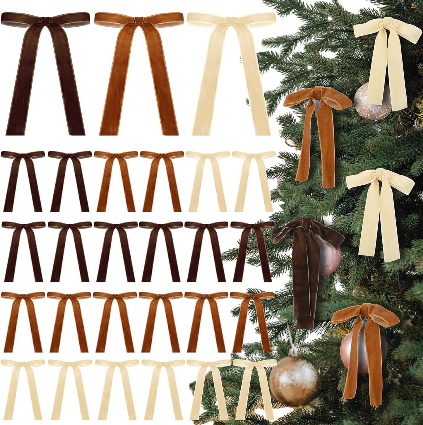 Regine Switzerland Velvet Bows - 24 Pcs Christmas Tree Ornaments | Coquette Wedding Decor (5 x 7 Inch, Khaki)
