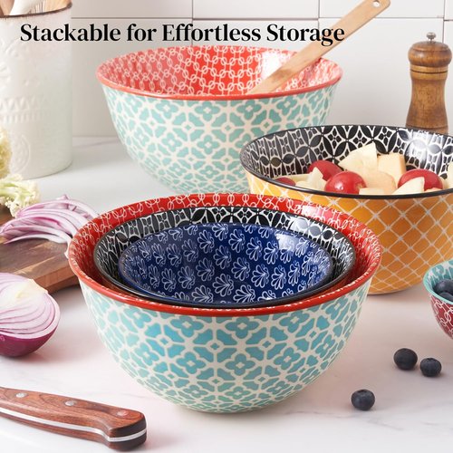 DOWAN Ceramic Mixing Bowls - Colorful Nesting Bowls for Cooking & Baking | Set of 3 (3.7/2/1 Qt)