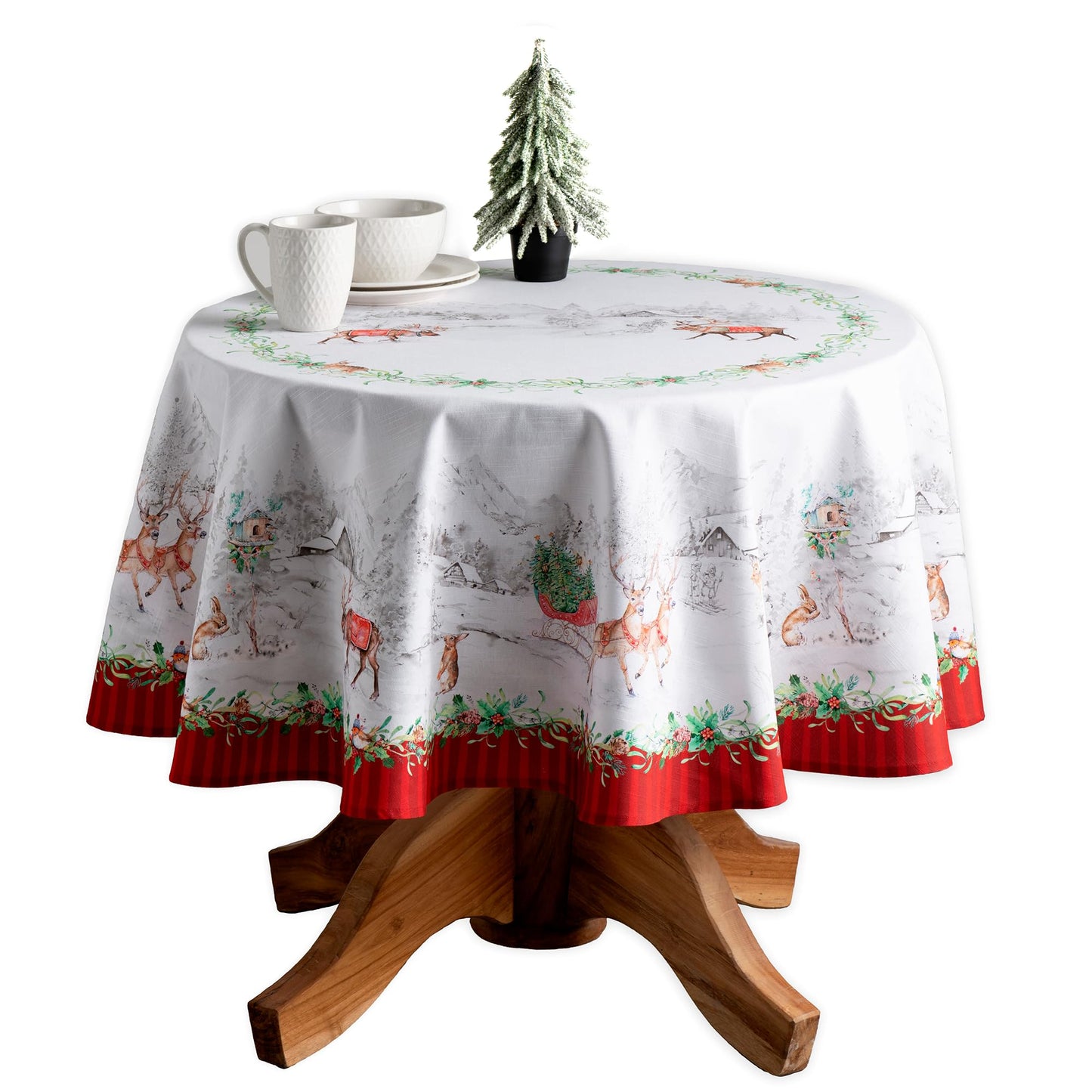 Maison d' Hermine Table Cloth Round Table 100% Cotton 69 Inches Fall Tablecloth Reusable Everyday Use for Thanksgiving Christmas Decorations Dining Farmhouse Party (Christmas Tradition)
