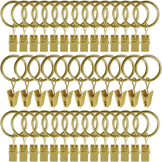 AMZSEVEN 44 Pack Metal Curtain Rings with Clips, Drapery Clips with Rings, Drapes Rings 1 inch Inner Diameter, Fits Diameter 5/8 inch Curtain Rods, Gold