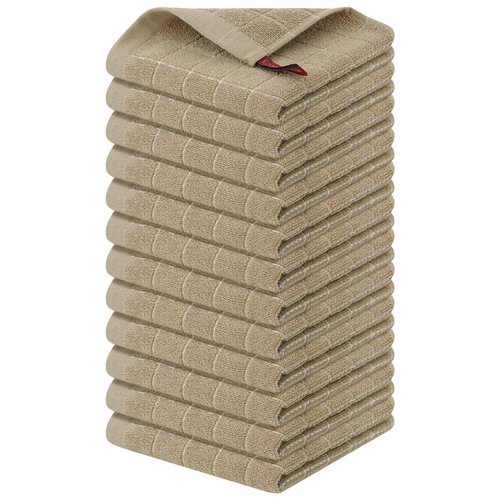 Homaxy 100% Cotton Terry Kitchen Dish Cloths, Ultra Soft and Absorbent Dish Towels for Kitchen, Perfect for Drying and Washing Dishes, 12 Pack, 12 x 12 Inches, Tan