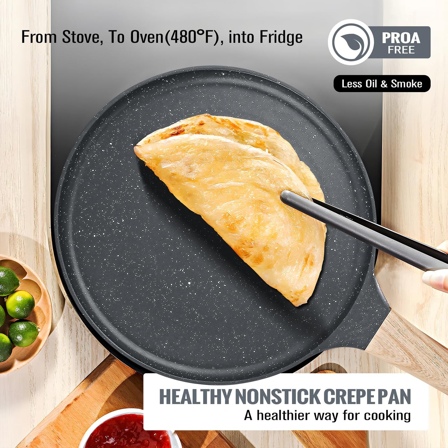 SouxMux Nonstick 8-Inch Crepe Pan with Spreader, Ceramic Coated Dosa Tawa Pan, Induction Compatible Flat Skillet for Pancakes, Omelettes, and More with Cool Handle, PFOA Free