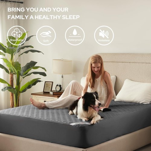 BEDLORE Waterproof Mattress Protector - Noiseless Queen Size Pad with Deep Pocket Fitting | Soft, Breathable, Washable (Gray)