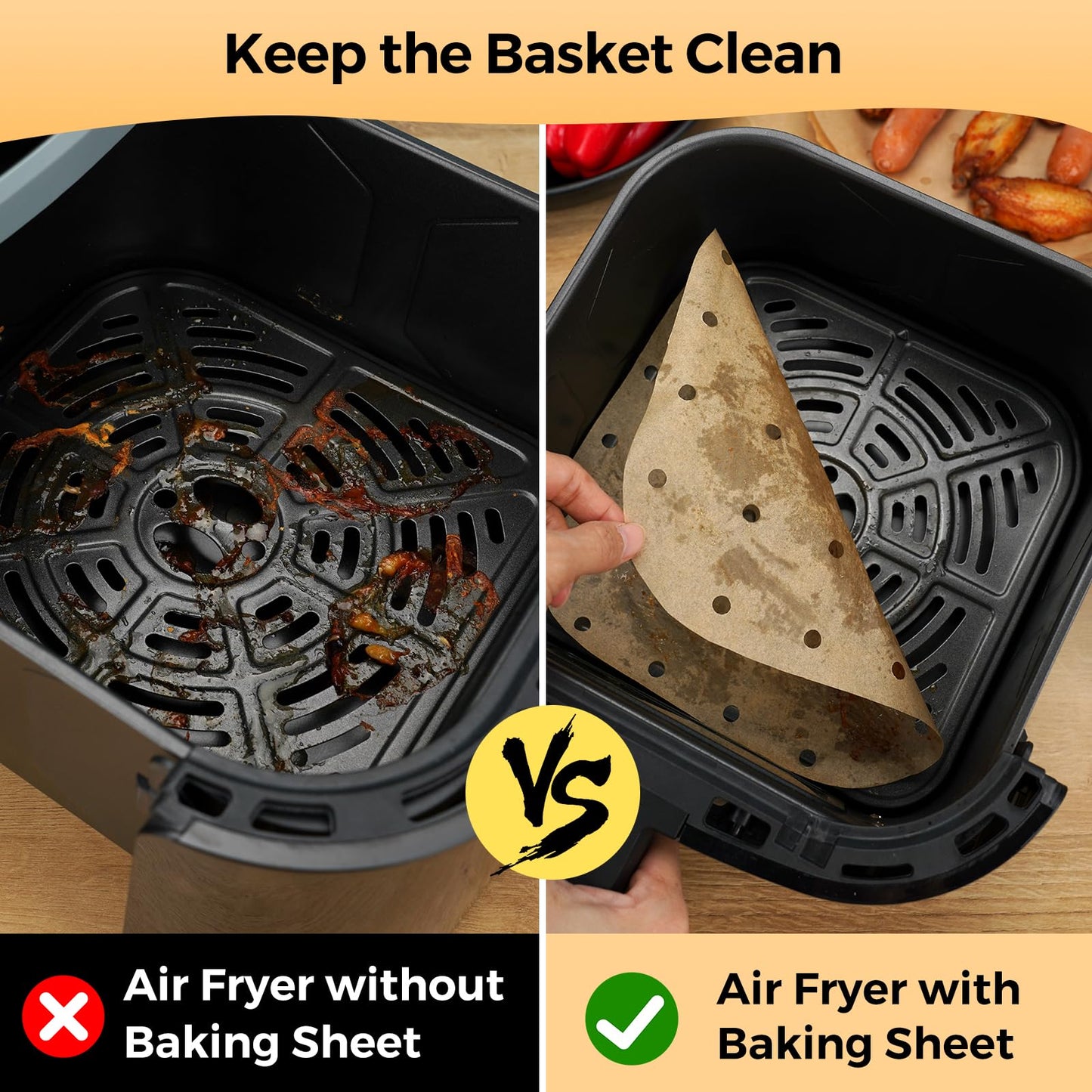 Vailnd Air Fryer Liners Disposable, 100pcs 8.5In Square Parchment Paper Sheets Unbleached, Perforated Food Steamer Liner for 5-8 Qt Air Fryers Baking Cooking Oven