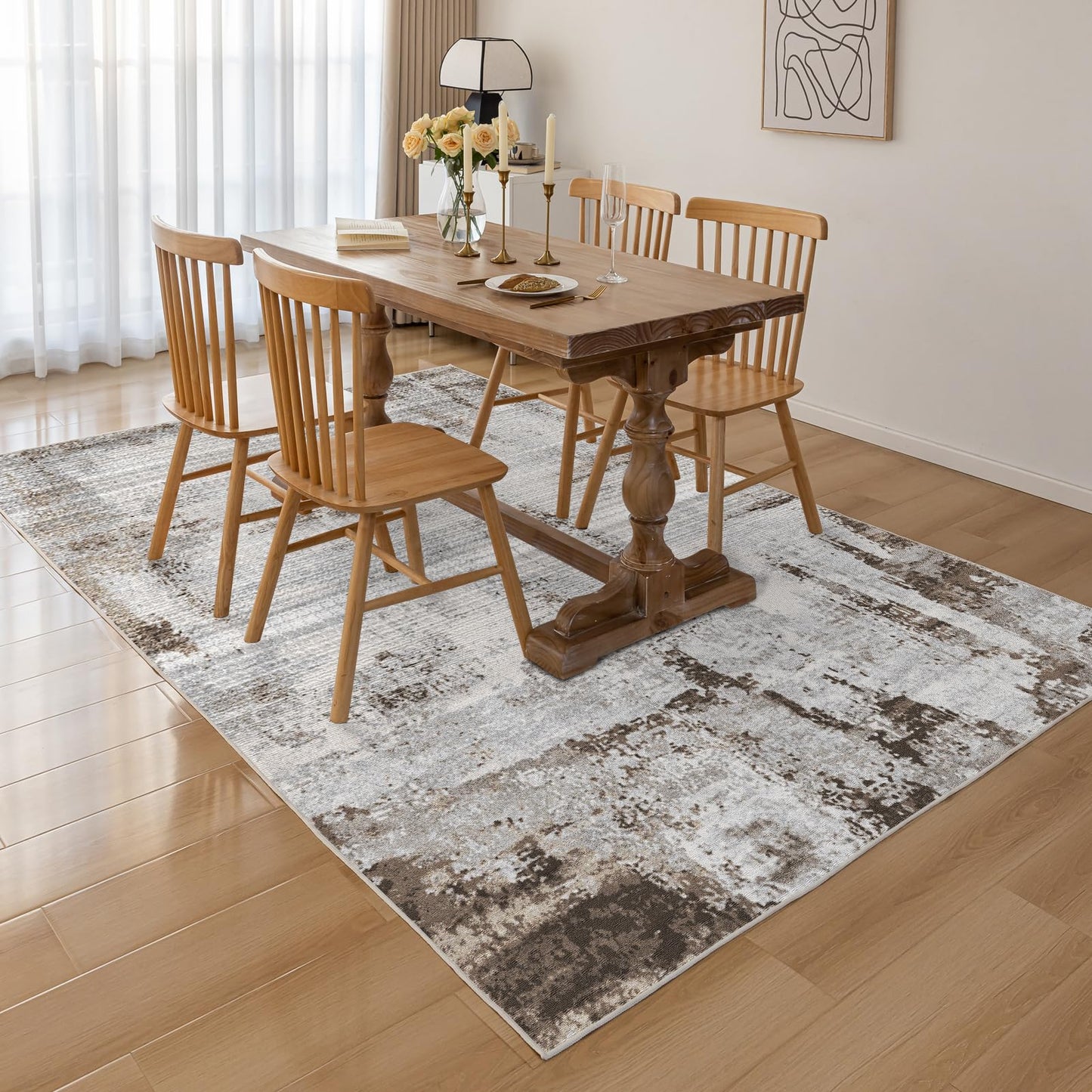 OMERAI Washable Rug 5'x7' Abstract Machine Washable Rugs Ultra-Thin Area Rugs for Living Room Non Slip Stain Resistant Modern Carpet for Bedroom Dining Room Office Kitchen Brown Rug Washable