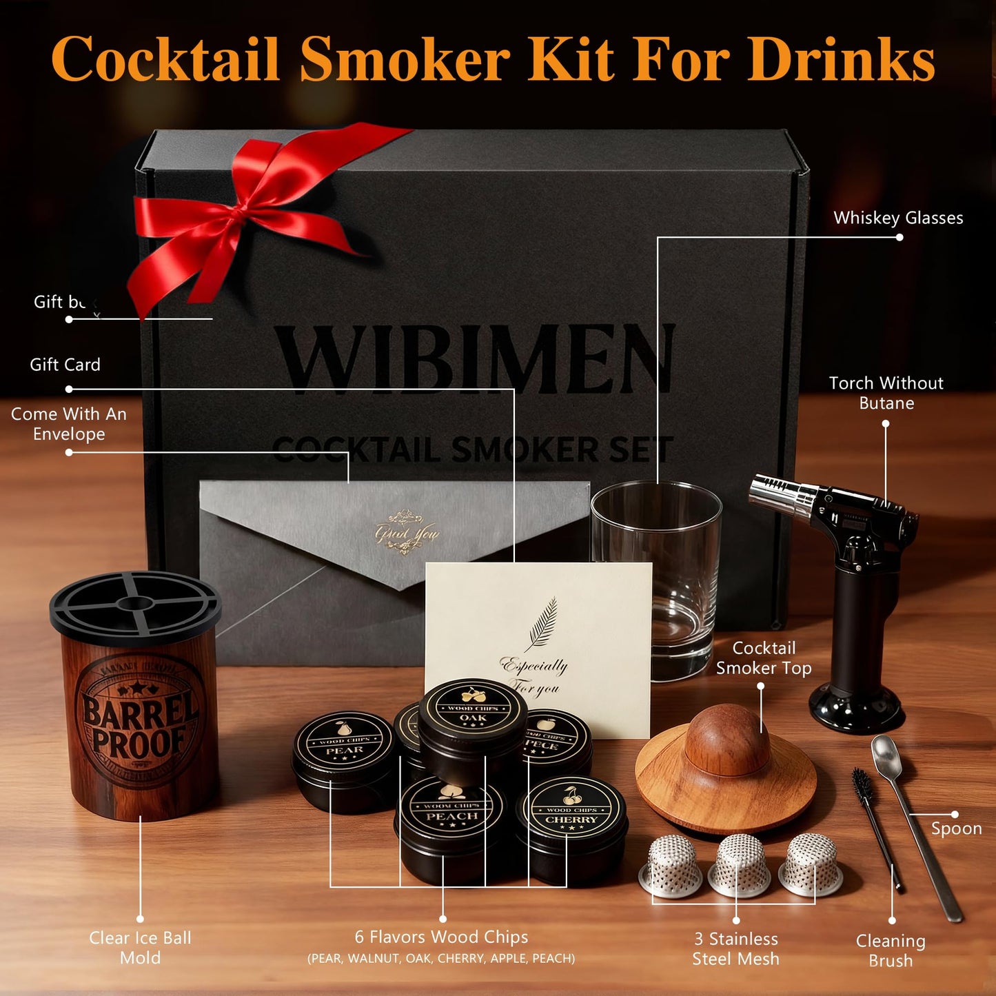 Whiskey Smoker Kit with Torch –Old Fashioned Smoker Kit for Bourbon & Whiskey – Drink Smoker Set with Wood Chips– Gift for Men, Dad, Husband/Father (1，Smoker Kit & Ice Ball Molds & Glasses)