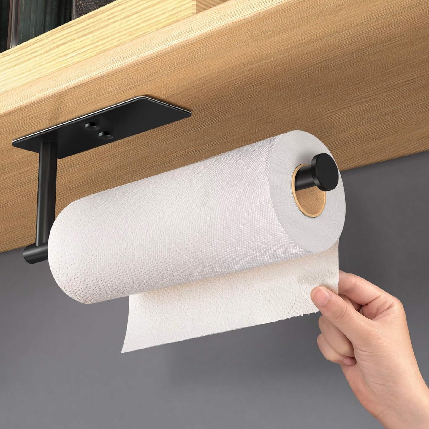 VAEHOLD Paper Towel Holder - Self-Adhesive Under Cabinet Mount | Durable SUS304 Stainless Steel - Black Finish
