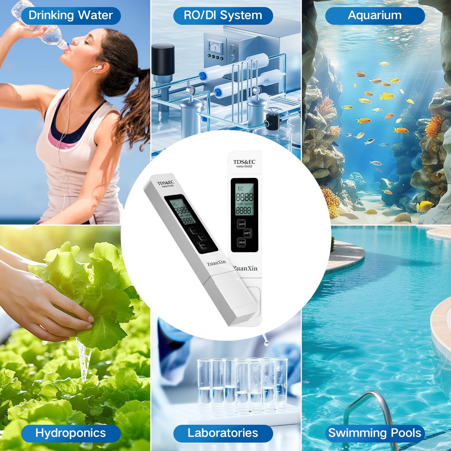 ZuanXin TDS Meter, 4 in 1 Water Quality Meter, Accurate and Reliable Digital TDS EC & Temp(°C,°F) TDS Meter 0-9990PPM Water PPM Tester for Drinking Water RO/DI System Aquarium (White)