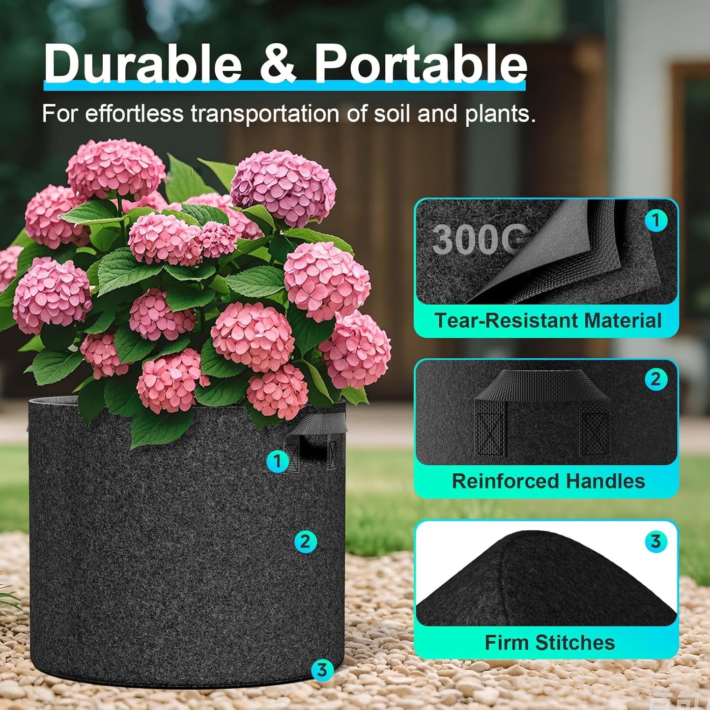 Land Guard 5 Gallon Fabric Grow Bags - 4-Pack Thickened Nonwoven Garden Pots with Handles | Black