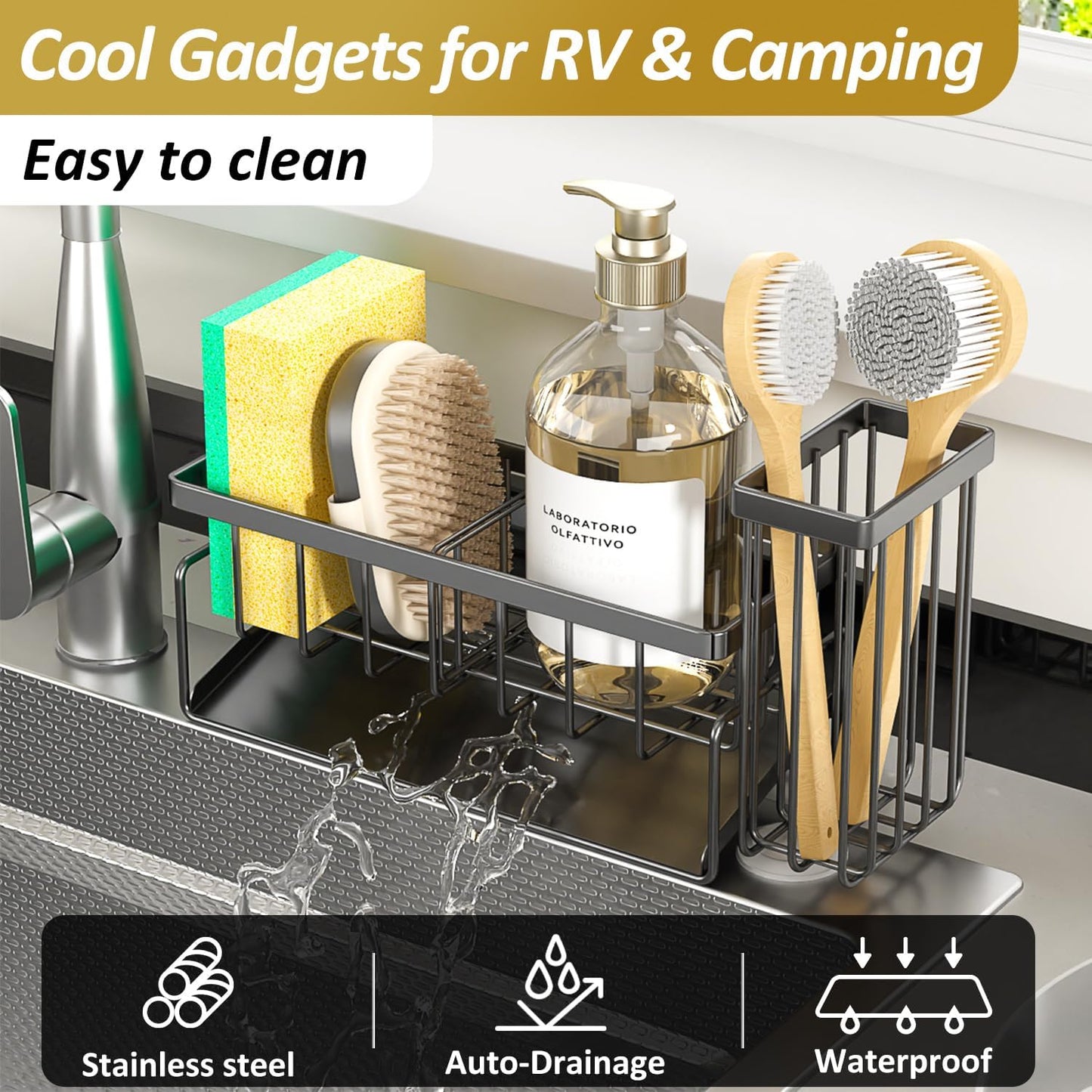 Skiennix Sponge Holder & Sink Caddy Organizer - Rustproof Kitchen Storage Solution | Carbon Black
